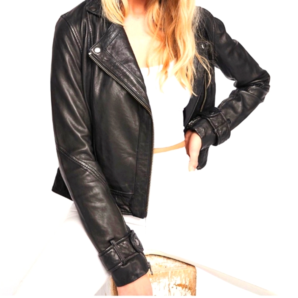 Free People Black Leather Moto Jacket Asymmetrical Zipper